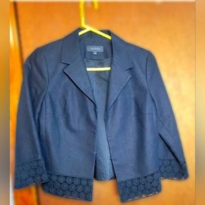 Talbots Womens Black Linen Blazer with Long Sleeves and Lace Hem
